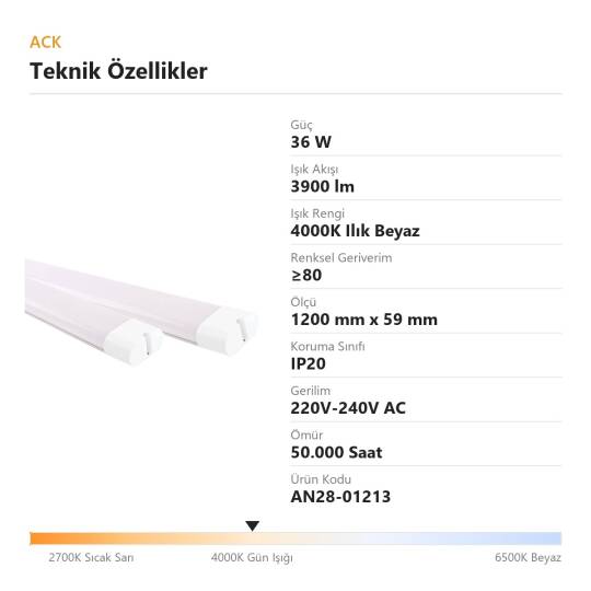 ACK 36W 4000K Ilık Beyaz 3900lm Uranüs LED Bant Armatür AN28-01213 - 4