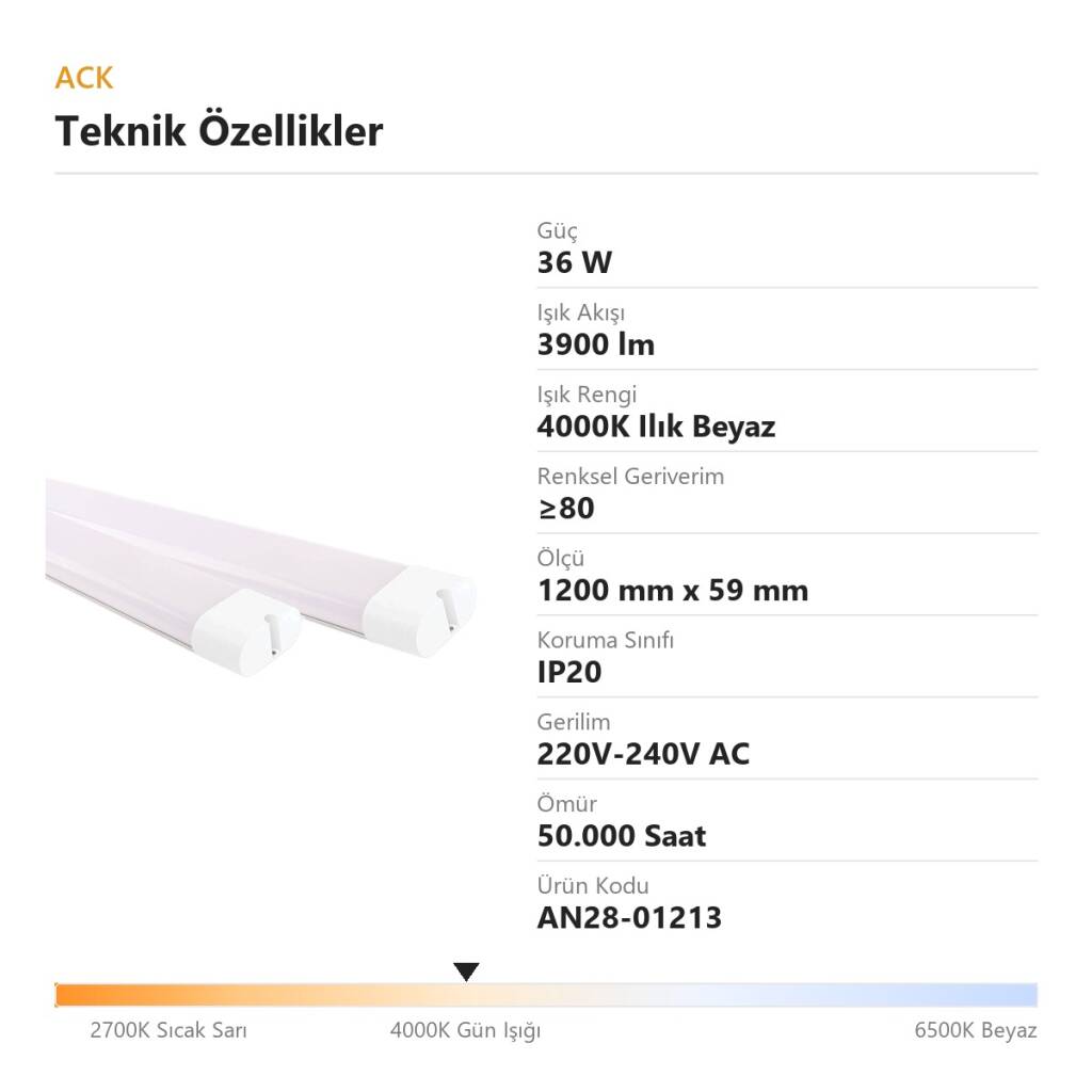ACK 36W 4000K Ilık Beyaz 3900lm Uranüs LED Bant Armatür AN28-01213 - 4