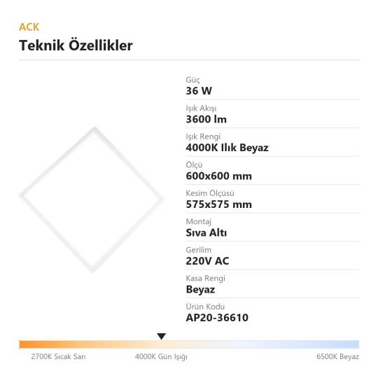 ACK 36W 4000K Ilık Beyaz Sıva Altı Led Panel (600x600 Beyaz Kasa) AP20-36610 - 4