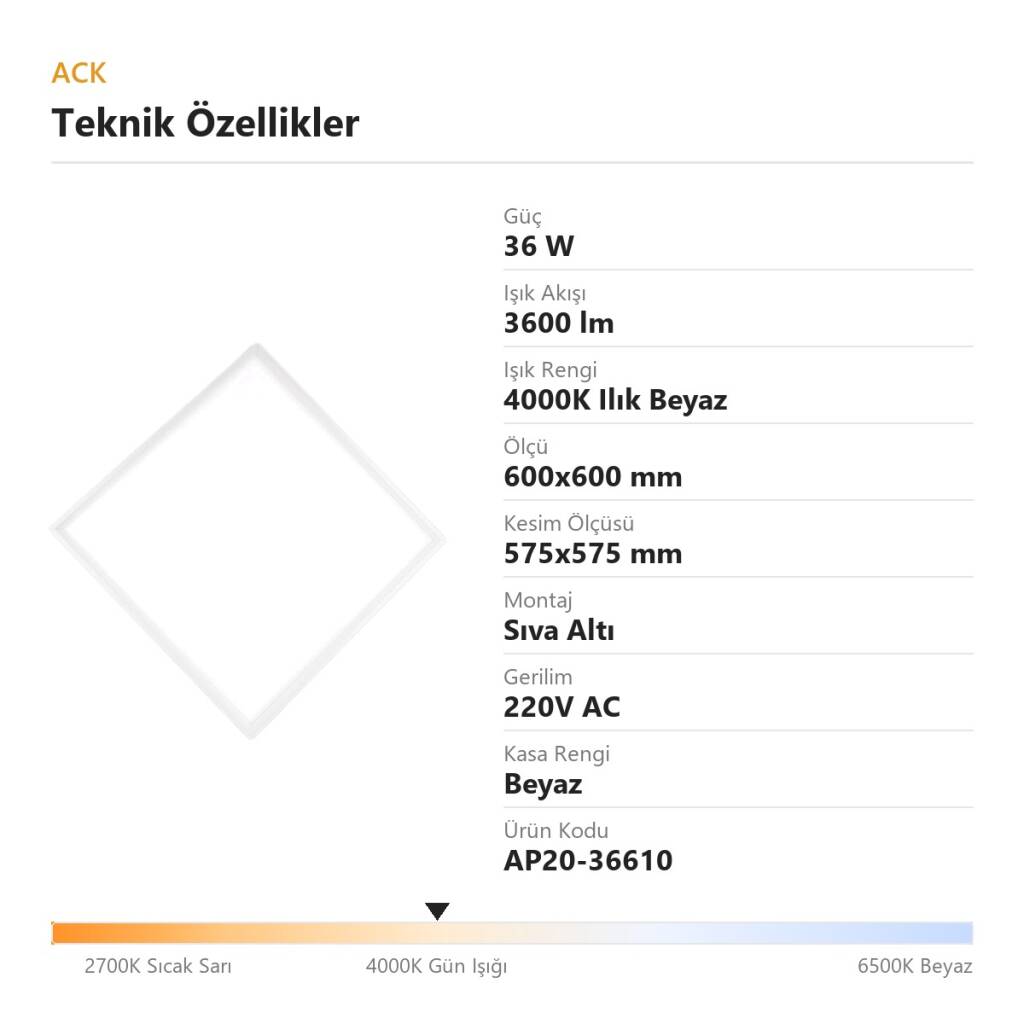 ACK 36W 4000K Ilık Beyaz Sıva Altı Led Panel (600x600 Beyaz Kasa) AP20-36610 - 4