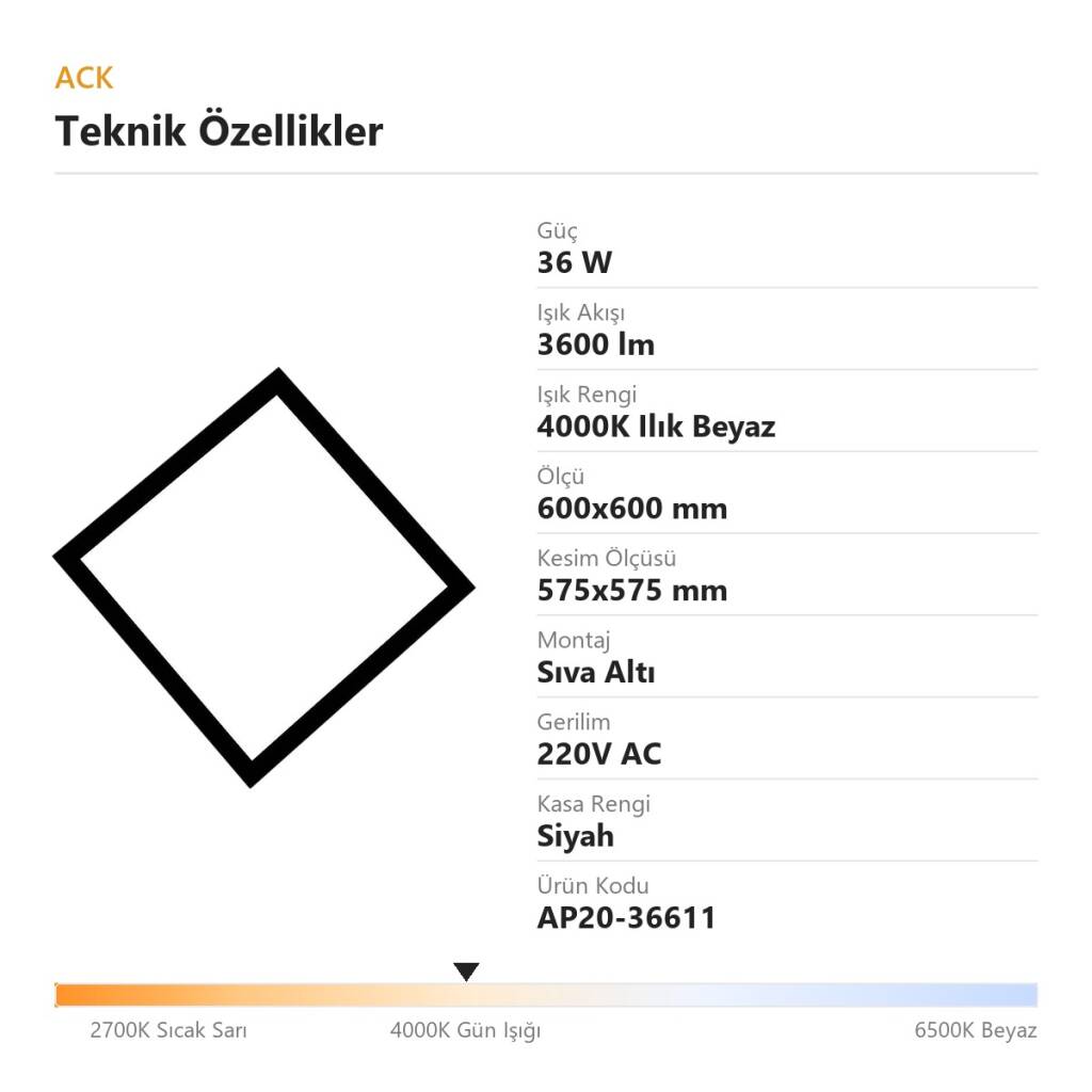 ACK 36W 4000K Ilık Beyaz Sıva Altı Led Panel (600x600 Siyah Kasa) AP20-36611 - 4