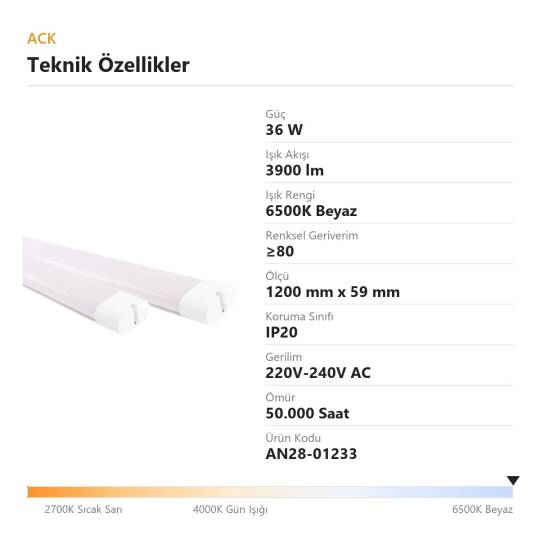 ACK 36W 6500K Beyaz 3900lm Uranüs LED Bant Armatür AN28-01233 - 4