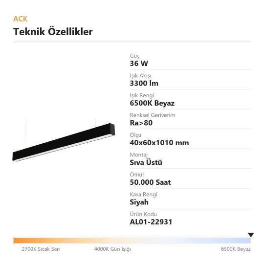 ACK 36W 6500K Beyaz 40x60x1010 mm Sıva Üstü / Sarkıt Linear (Lineer) Armatür Siyah Kasa AL01-22931 - 4