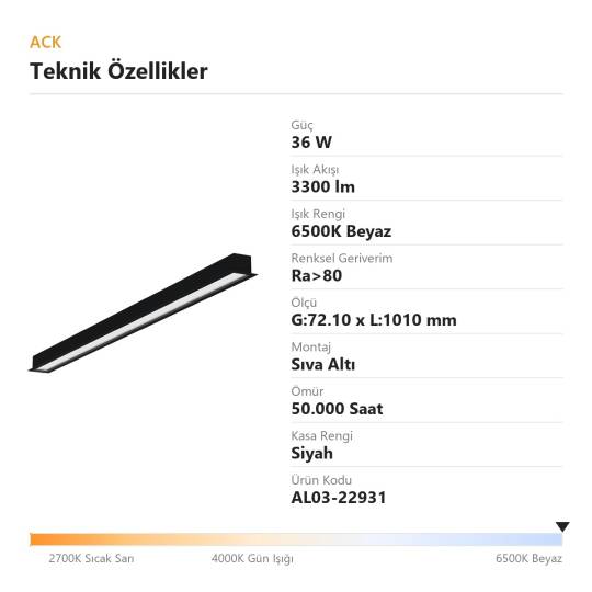 ACK 36W 6500K Beyaz G:72.10 x L:1010 mm Sıva Altı (Gömme) Linear (Lineer) Armatür Siyah Kasa AL03-22931 - 4