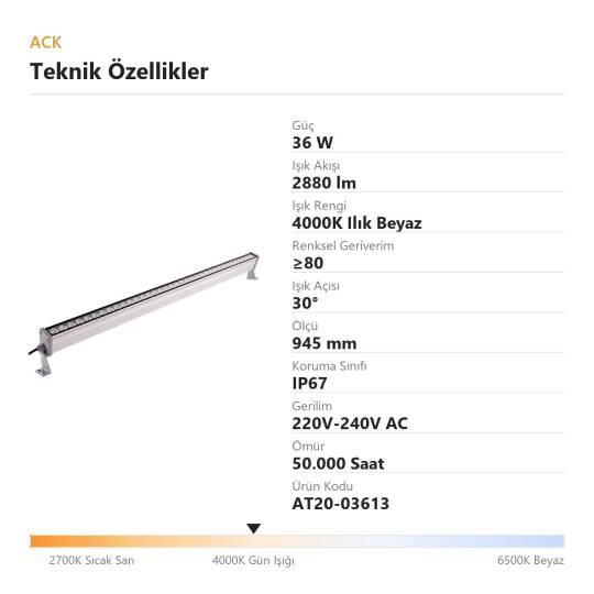 ACK 36W 945mm 4000K Ilık Beyaz LED Wallwasher AT20-03613 - 4