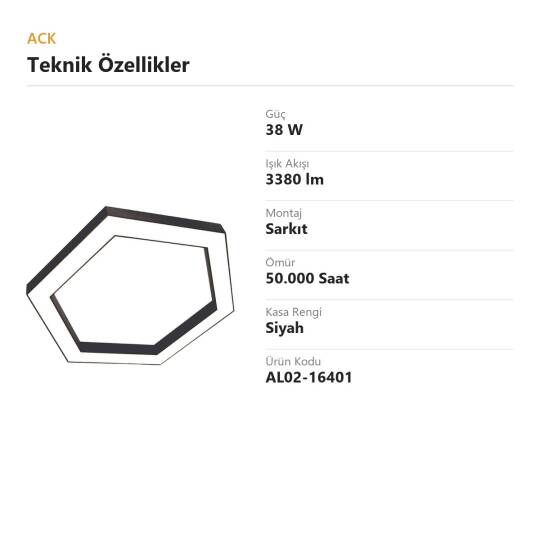 ACK 38W Geniş Çaplı Dekoratif Linear Sarkıt Armatür Ø40 cm Altıgen (Hexagon) Siyah Kasa AL02-16401 - 4