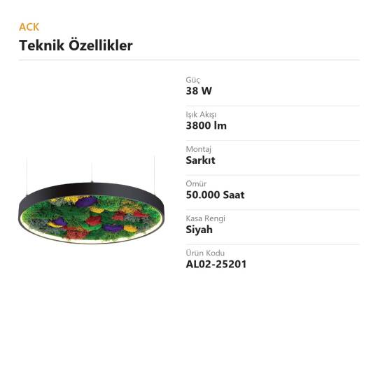 ACK 38W Yapay Yosunlu Biyofilik Dekoratif Linear Sarkıt Ø80 cm Yuvarlak Yosunlu Tavan Siyah Kasa AL02-25201 - 4