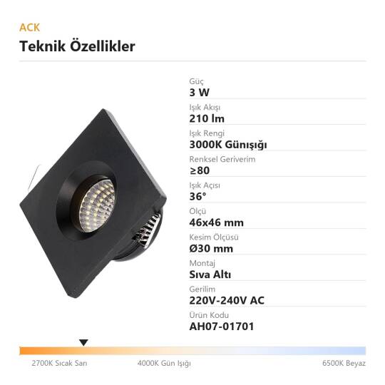 ACK 3W 3000K Günışığı 210lm Sıva Altı Mini Kare Led Spot (Siyah Kasa) AH07-01701 - 4