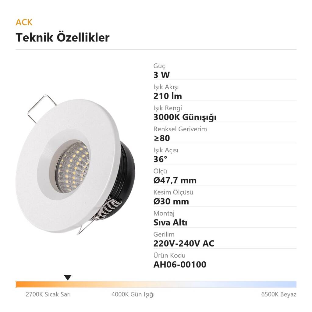 ACK 3W 3000K Günışığı 210lm Sıva Altı Mini Yuvarlak Led Spot (Beyaz Kasa) AH06-00100 - 4