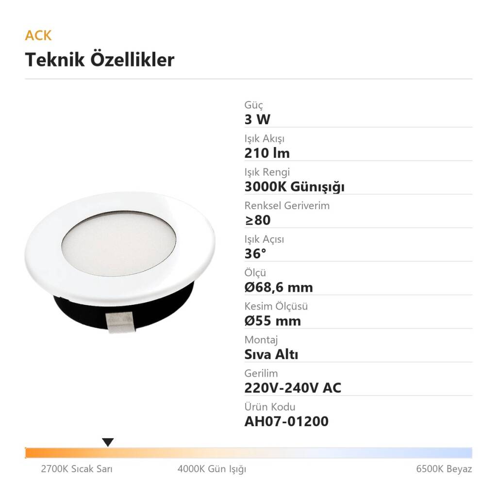 ACK 3W 3000K Günışığı 210lm Sıva Altı Mini Yuvarlak Led Spot (Beyaz Kasa) AH07-01200 - 4