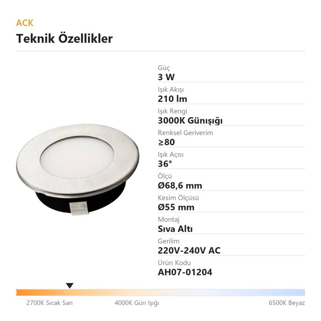 ACK 3W 3000K Günışığı 210lm Sıva Altı Mini Yuvarlak Led Spot (Saten Kasa) AH07-01204 - 4