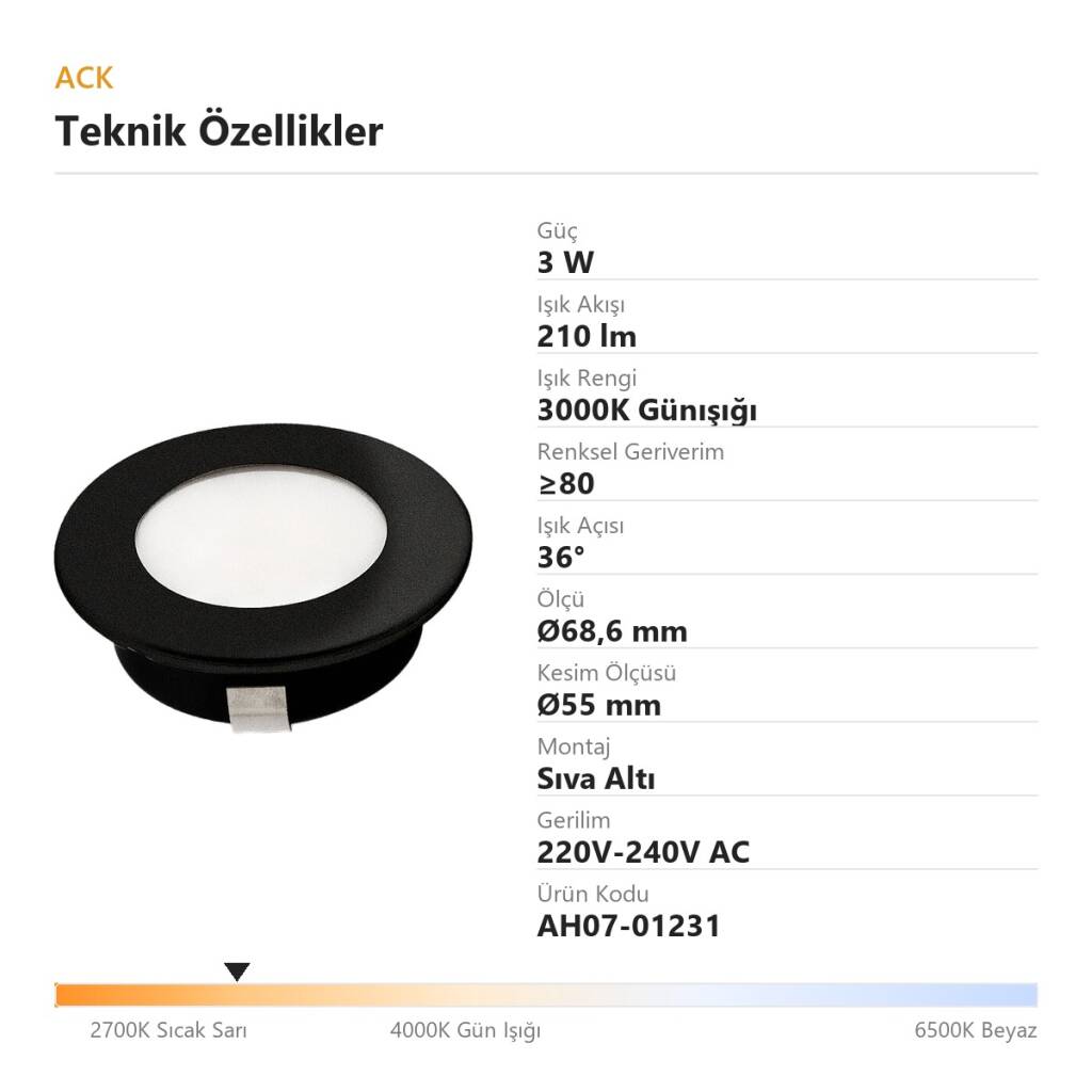 ACK 3W 3000K Günışığı 210lm Sıva Altı Mini Yuvarlak Led Spot (Siyah Kasa) AH07-01231 - 4