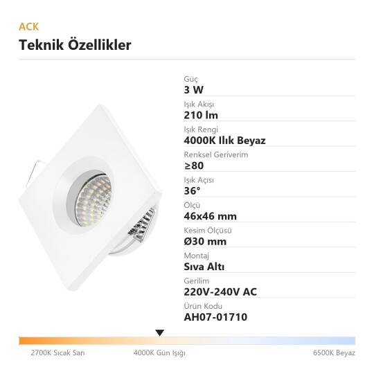 ACK 3W 4000K Ilık Beyaz 210lm Sıva Altı Mini Kare Led Spot (Beyaz Kasa) AH07-01710 - 4