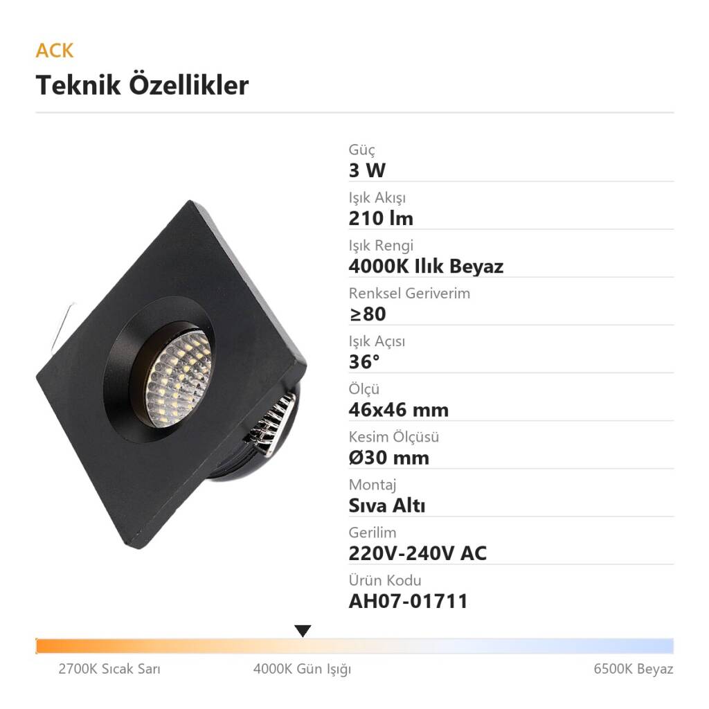 ACK 3W 4000K Ilık Beyaz 210lm Sıva Altı Mini Kare Led Spot (Siyah Kasa) AH07-01711 - 4