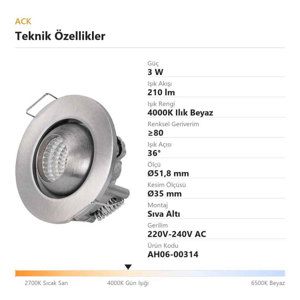 ACK 3W 4000K Ilık Beyaz 210lm Sıva Altı Mini Yuvarlak Led Spot (Saten Kasa) AH06-00314 - 4