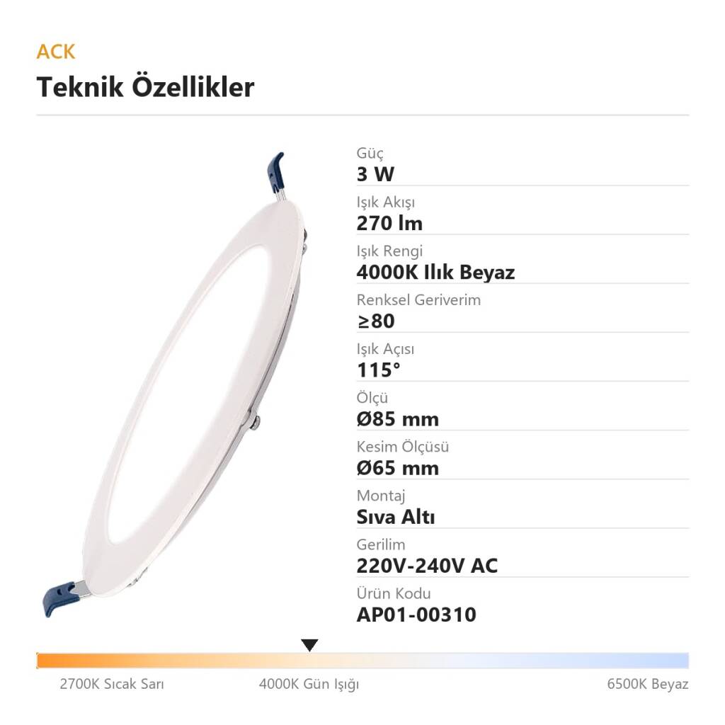 ACK 3W 4000K Ilık Beyaz 270lm Sıva Altı Yuvarlak Led Panel (Ø85 mm Beyaz Kasa) AP01-00310 - 4
