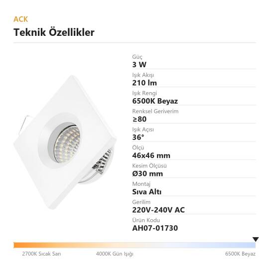 ACK 3W 6500K Beyaz 210lm Sıva Altı Mini Kare Led Spot (Beyaz Kasa) AH07-01730 - 4