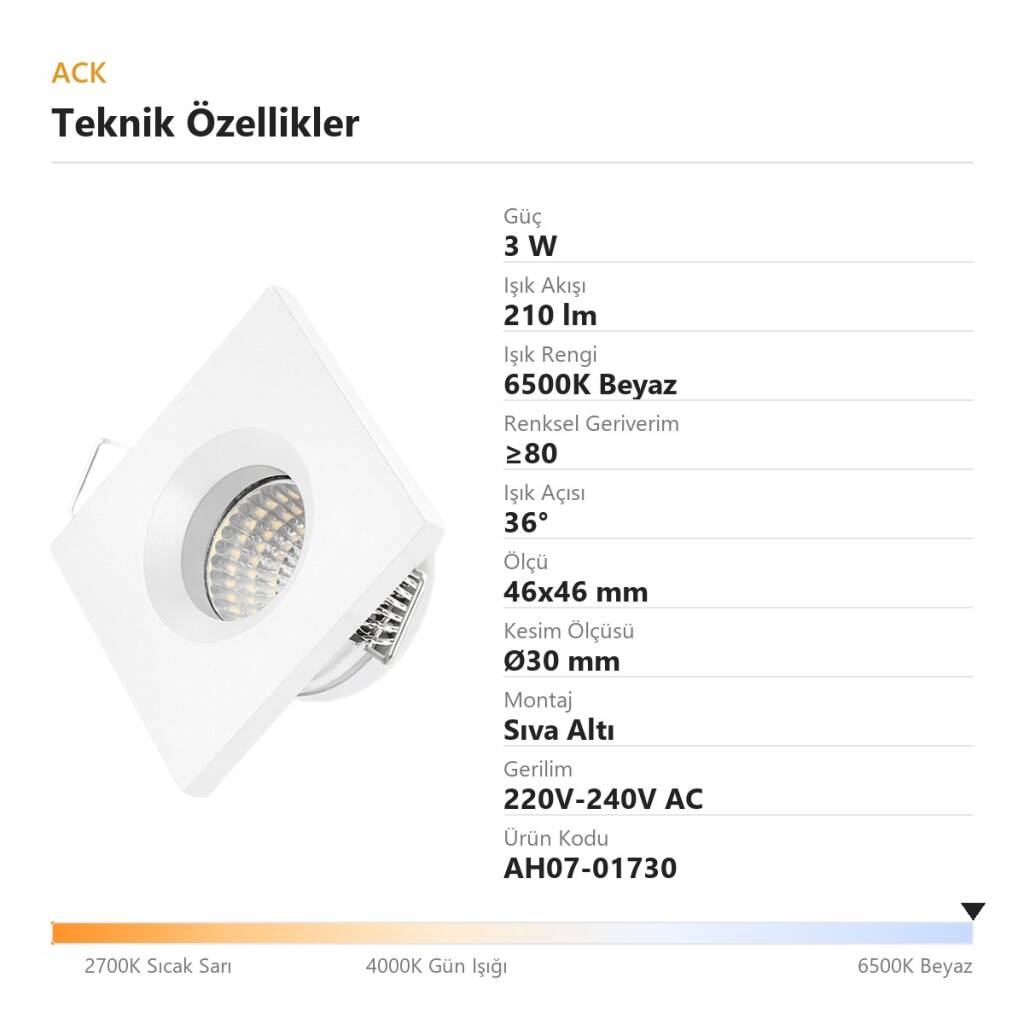 ACK 3W 6500K Beyaz 210lm Sıva Altı Mini Kare Led Spot (Beyaz Kasa) AH07-01730 - 4