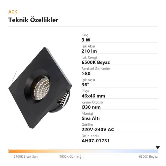 ACK 3W 6500K Beyaz 210lm Sıva Altı Mini Kare Led Spot (Siyah Kasa) AH07-01731 - 4