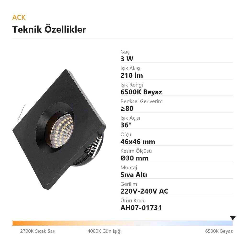 ACK 3W 6500K Beyaz 210lm Sıva Altı Mini Kare Led Spot (Siyah Kasa) AH07-01731 - 4