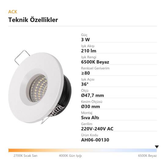 ACK 3W 6500K Beyaz 210lm Sıva Altı Mini Yuvarlak Led Spot (Beyaz Kasa) AH06-00130 - 4