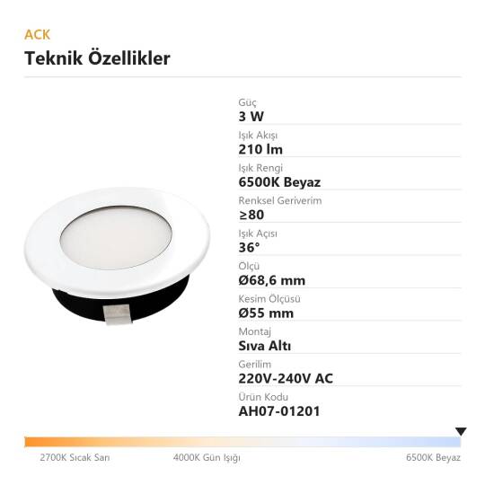 ACK 3W 6500K Beyaz 210lm Sıva Altı Mini Yuvarlak Led Spot (Beyaz Kasa) AH07-01201 - 4