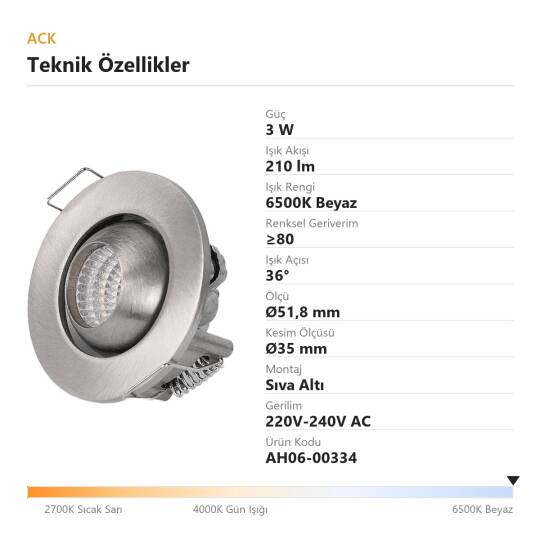 ACK 3W 6500K Beyaz 210lm Sıva Altı Mini Yuvarlak Led Spot (Saten Kasa) AH06-00334 - 4