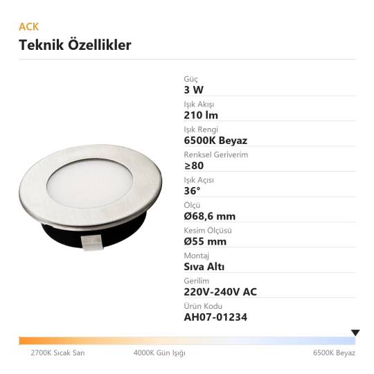 ACK 3W 6500K Beyaz 210lm Sıva Altı Mini Yuvarlak Led Spot (Saten Kasa) AH07-01234 - 4