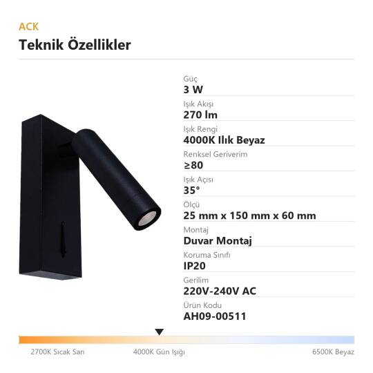 ACK 3W 4000K Ilık Beyaz 270lm Alüminyum LED Aplik (Siyah) AH09-00511 - 4