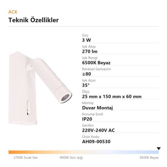 ACK 3W 6500K Beyaz 270lm Alüminyum LED Aplik (Beyaz) AH09-00530 - 4