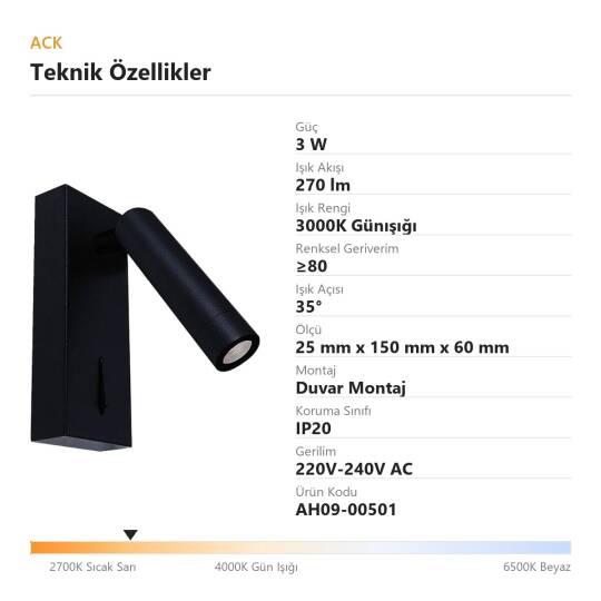 ACK 3W 3000K Günışığı 270lm Alüminyum LED Aplik (Siyah) AH09-00501 - 4