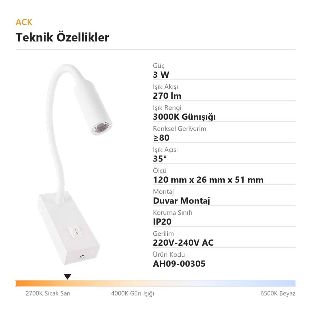 ACK 3W 3000K Günışığı 270lm Alüminyum Spiralli LED Aplik (Krom) AH09-00305 - 4
