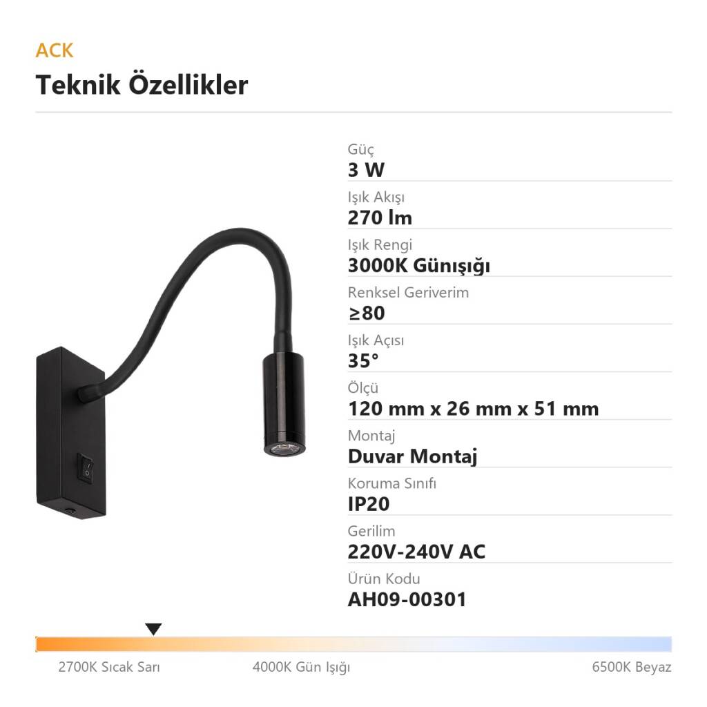 ACK 3W 3000K Günışığı 270lm Alüminyum Spiralli LED Aplik (Siyah) AH09-00301 - 4