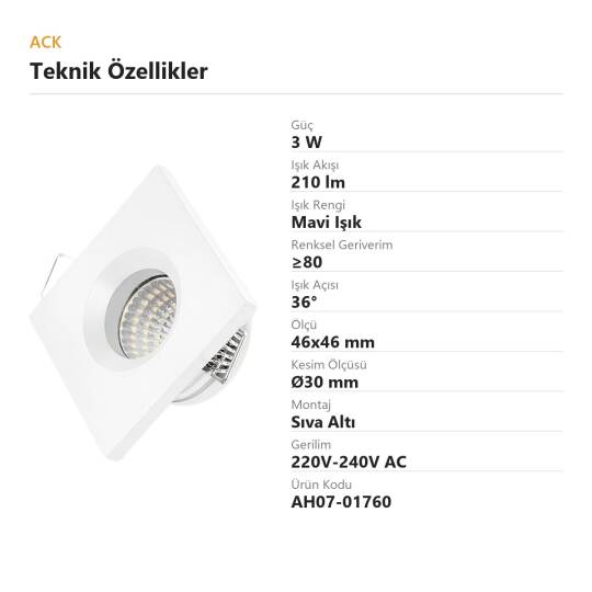 ACK 3W Mavi Işık 210lm Sıva Altı Mini Kare Led Spot (Beyaz Kasa) AH07-01760 - 4