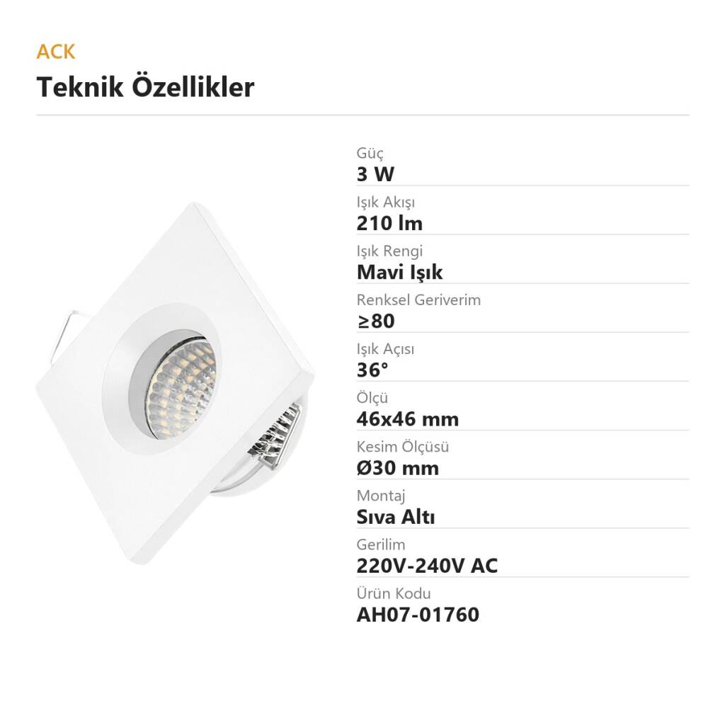 ACK 3W Mavi Işık 210lm Sıva Altı Mini Kare Led Spot (Beyaz Kasa) AH07-01760 - 4