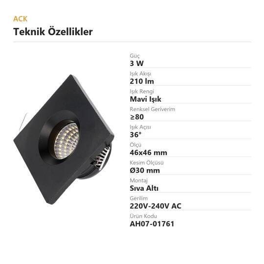 ACK 3W Mavi Işık 210lm Sıva Altı Mini Kare Led Spot (Siyah Kasa) AH07-01761 - 4