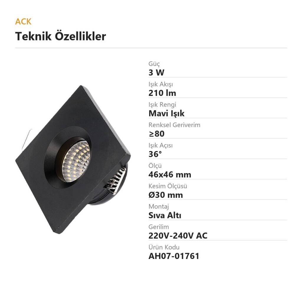 ACK 3W Mavi Işık 210lm Sıva Altı Mini Kare Led Spot (Siyah Kasa) AH07-01761 - 4
