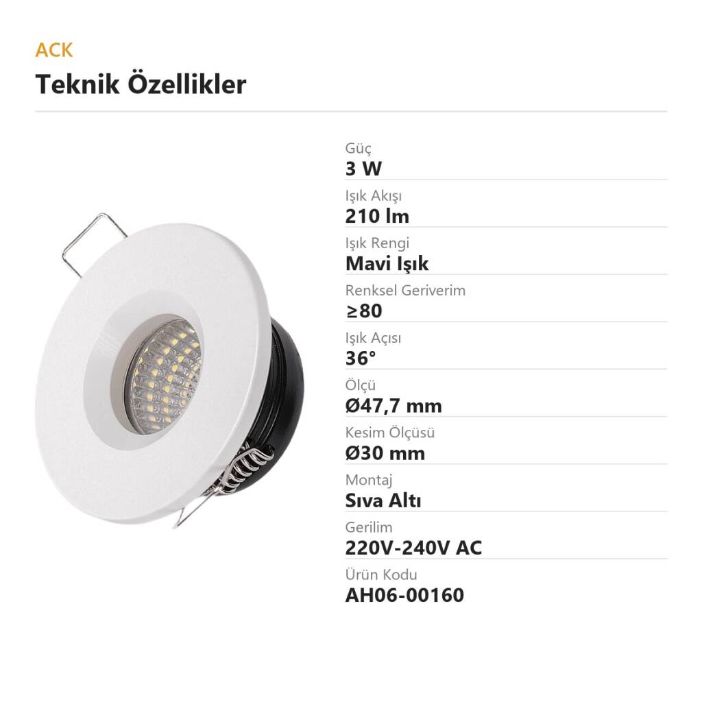 ACK 3W Mavi Işık 210lm Sıva Altı Mini Yuvarlak Led Spot (Beyaz Kasa) AH06-00160 - 4
