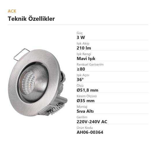 ACK 3W Mavi Işık 210lm Sıva Altı Mini Yuvarlak Led Spot (Saten Kasa) AH06-00364 - 4