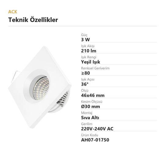 ACK 3W Yeşil Işık 210lm Sıva Altı Mini Kare Led Spot (Beyaz Kasa) AH07-01750 - 4