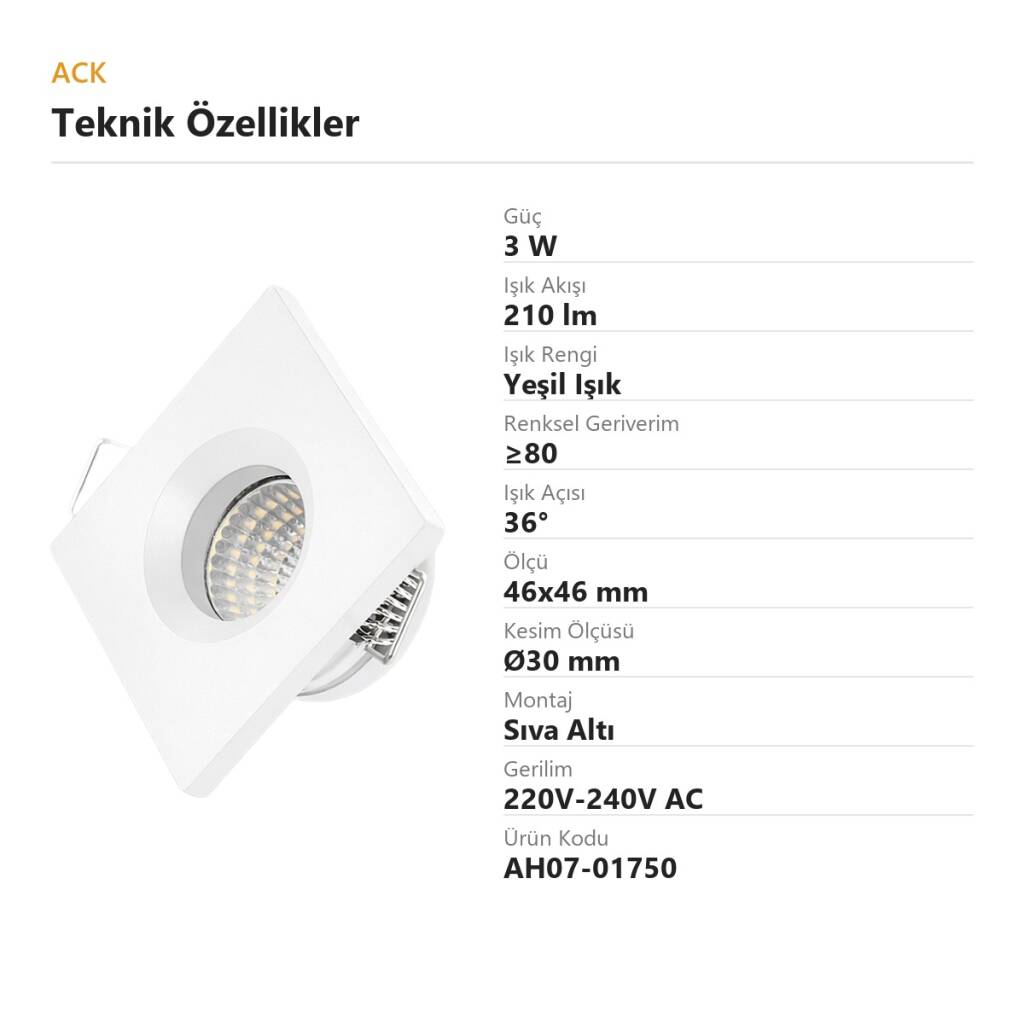 ACK 3W Yeşil Işık 210lm Sıva Altı Mini Kare Led Spot (Beyaz Kasa) AH07-01750 - 4