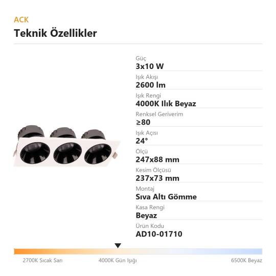 ACK 3x10W 4000K Ilık Beyaz 2600lm Kamaşma Önleyici Üçlü Sıva Altı Spot (247x88 mm Beyaz Kasa) AD10-01710 - 4
