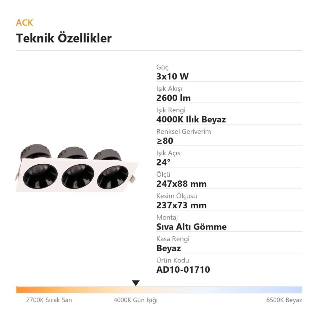 ACK 3x10W 4000K Ilık Beyaz 2600lm Kamaşma Önleyici Üçlü Sıva Altı Spot (247x88 mm Beyaz Kasa) AD10-01710 - 4