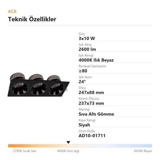 ACK 3x10W 4000K Ilık Beyaz 2600lm Kamaşma Önleyici Üçlü Sıva Altı Spot (247x88 mm Siyah Kasa) AD10-01711 - 4