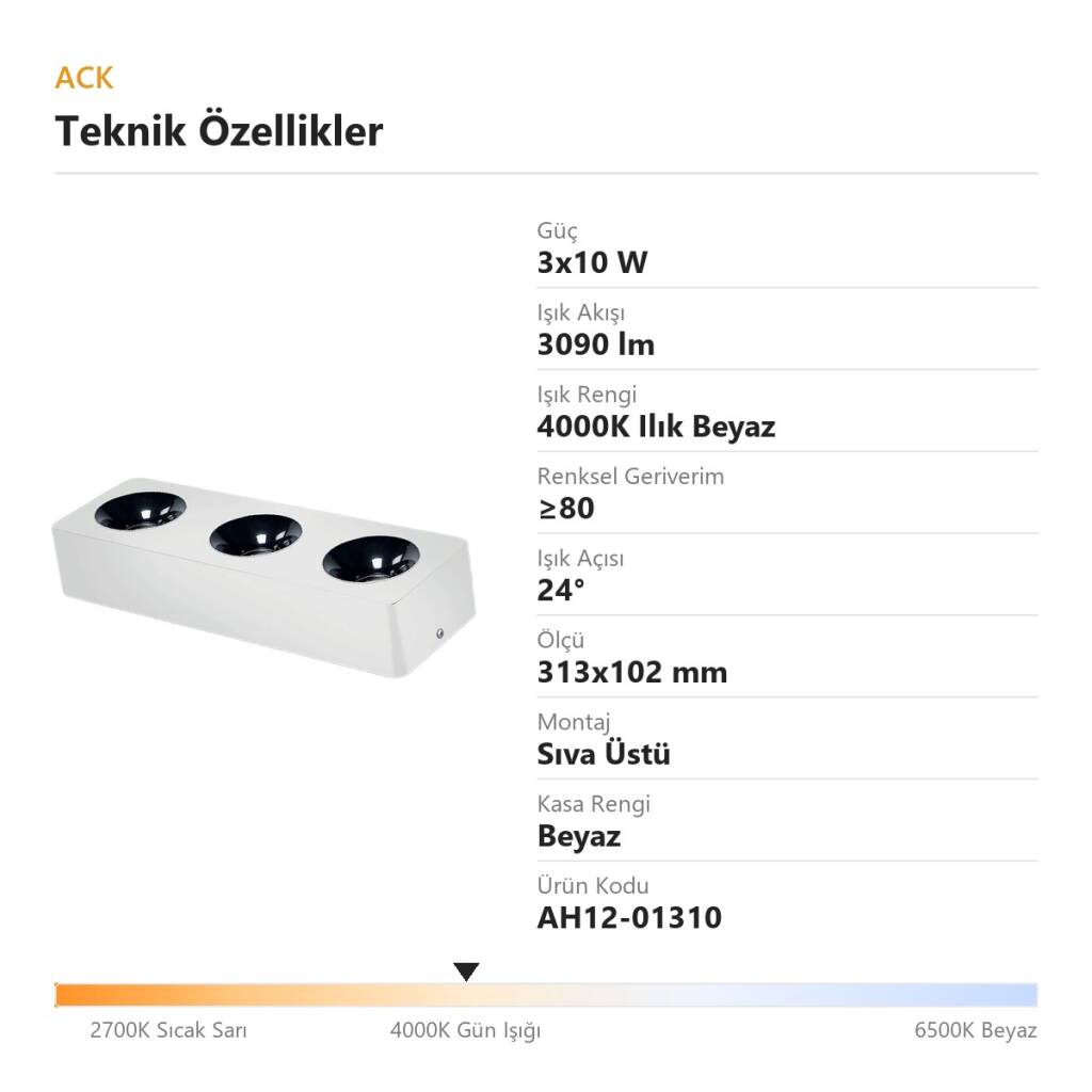 ACK 3x10W 4000K Ilık Beyaz 3090lm Kamaşma Önleyici Üçlü Sıva Üstü Spot (313x102 mm Beyaz Kasa) AH12-01310 - 4
