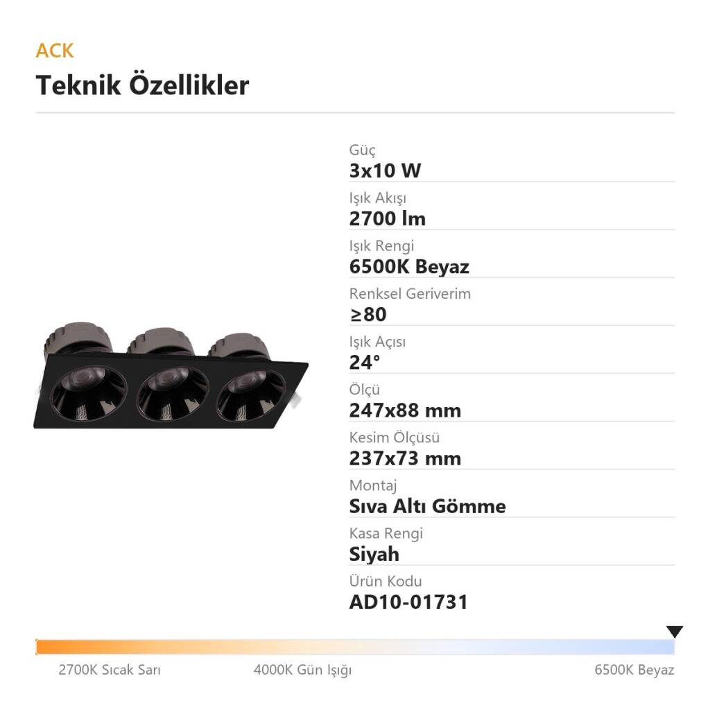 ACK 3x10W 6500K Beyaz 2700lm Kamaşma Önleyici Üçlü Sıva Altı Spot (247x88 mm Siyah Kasa) AD10-01731 - 4