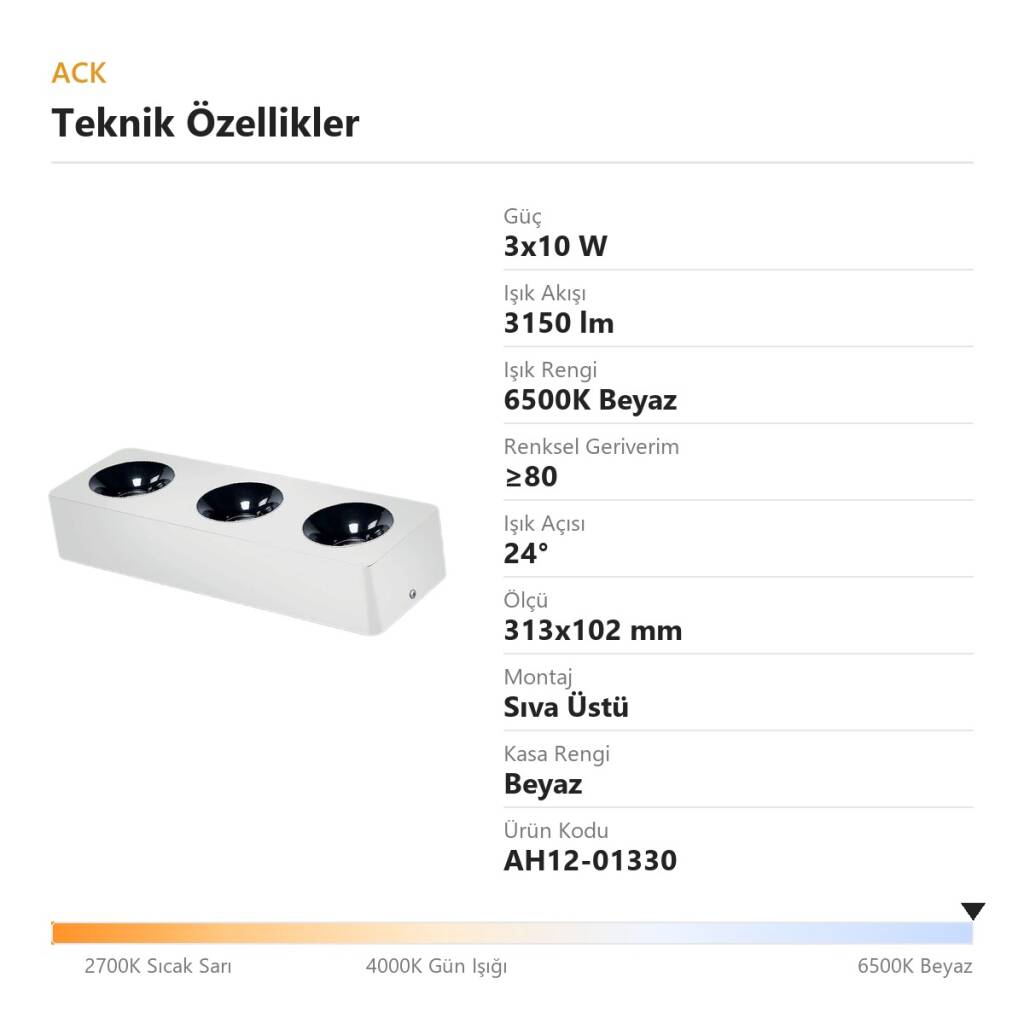 ACK 3x10W 6500K Beyaz 3150lm Kamaşma Önleyici Üçlü Sıva Üstü Spot (313x102 mm Beyaz Kasa) AH12-01330 - 4