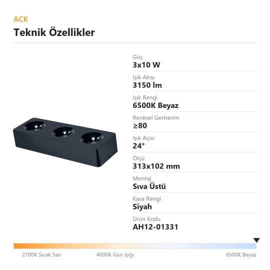 ACK 3x10W 6500K Beyaz 3150lm Kamaşma Önleyici Üçlü Sıva Üstü Spot (313x102 mm Siyah Kasa) AH12-01331 - 4