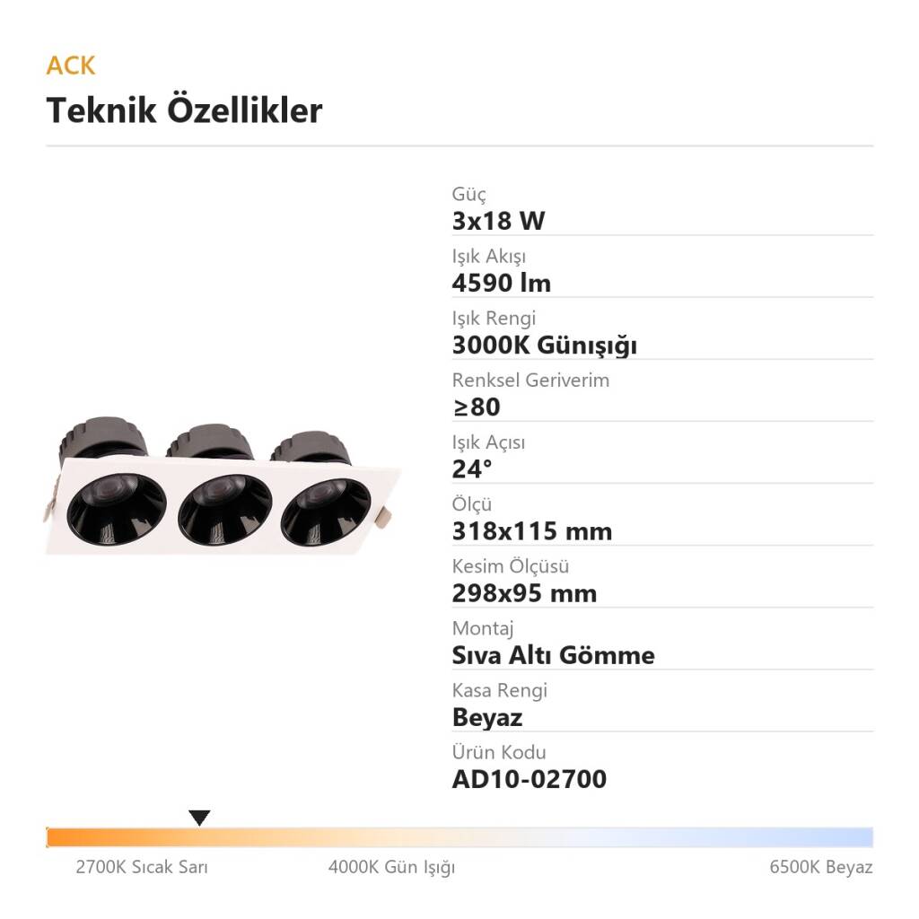 ACK 3x18W 3000K Günışığı 4590lm Kamaşma Önleyici Üçlü Sıva Altı Spot (318x115 mm Beyaz Kasa) AD10-02700 - 4
