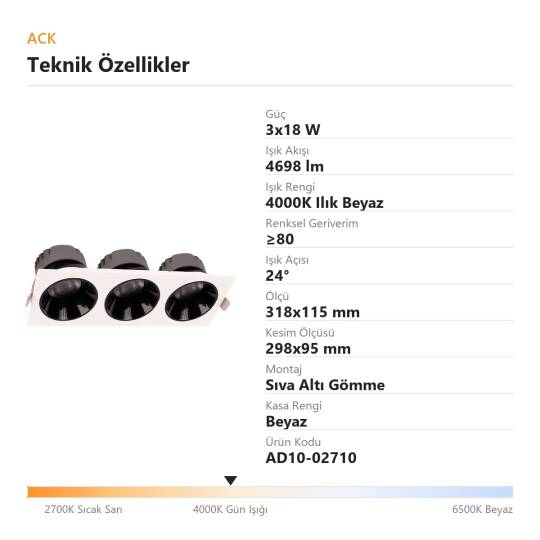 ACK 3x18W 4000K Ilık Beyaz 4698lm Kamaşma Önleyici Üçlü Sıva Altı Spot (318x115 mm Beyaz Kasa) AD10-02710 - 4